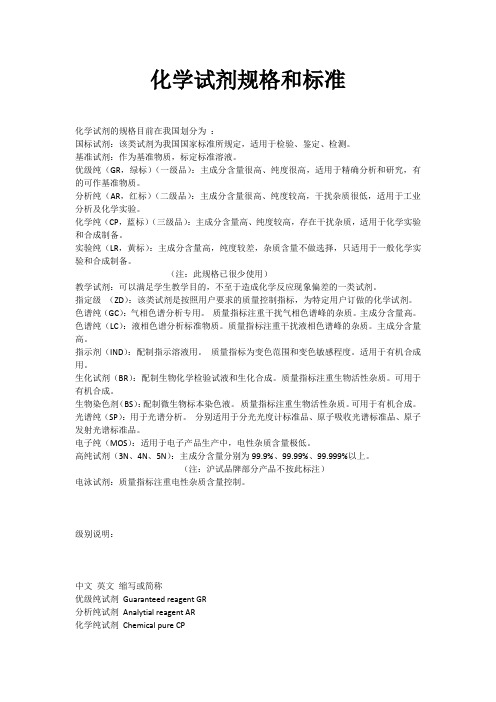 化学试剂规格和标准
