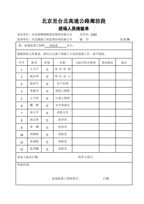 人员机械进场一览表