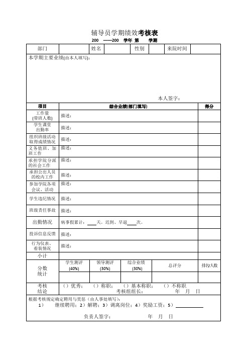 辅导员学期绩效考核表格