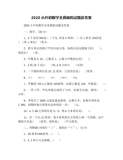 2020小升初数学全真模拟试题及答案