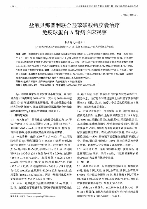 盐酸贝那普利联合羟苯磺酸钙胶囊治疗免疫球蛋白A肾病临床观察-论文
