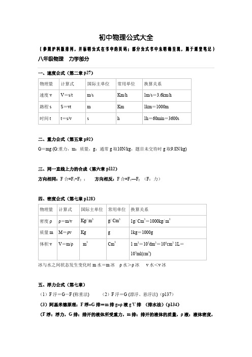 初中物理公式大全(沪科版)