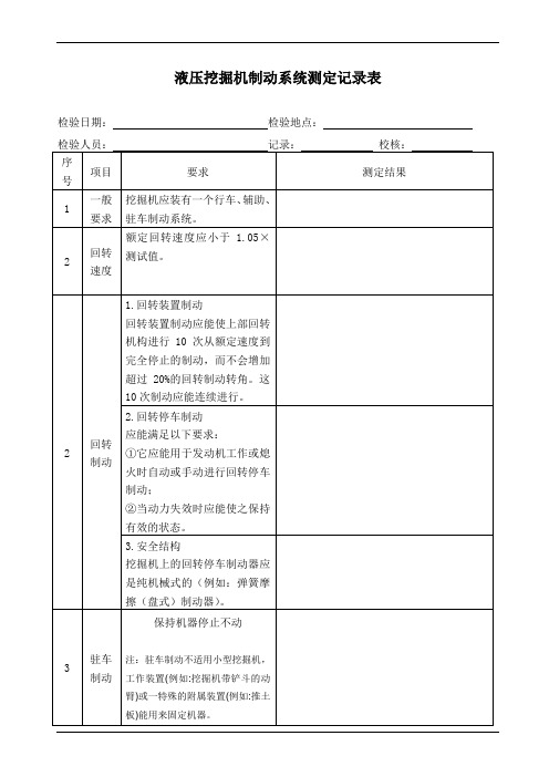 液压挖掘机制动系统测定记录表