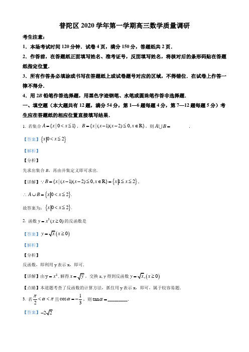 上海市普陀区2021届高三上学期一模数学试题(解析版)