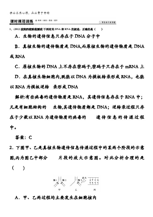 2014高考领航系列高考生物总复习一轮用书配套课时规范训练：二 第四章 基因的表达含解析