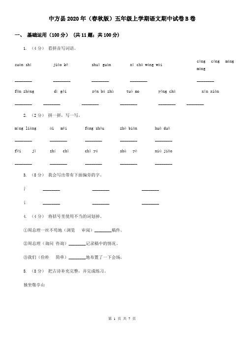 中方县2020年(春秋版)五年级上学期语文期中试卷B卷