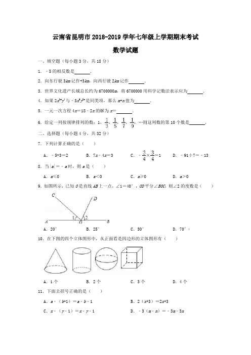 云南省昆明市2018-2019学年七年级上学期期末考试数学试题