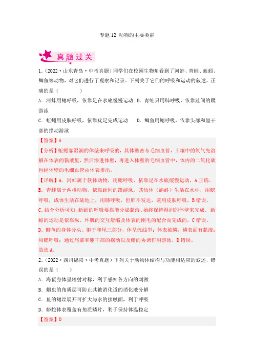2023年中考生物复习专题12 动物的主要类群》考点训练(解析版)