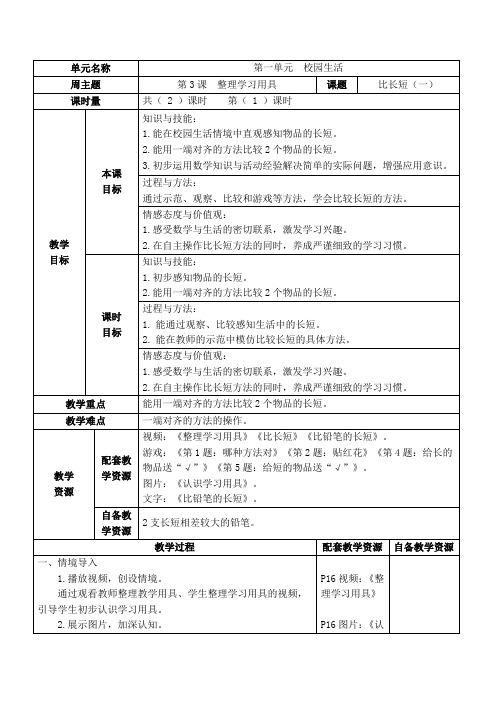 培智数学 人教版一年级下册 比长短(一) 第1课时