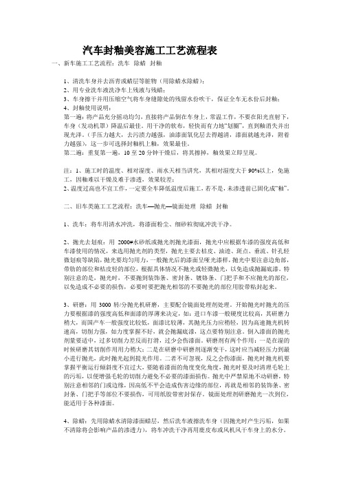 汽车封釉美容施工工艺流程表