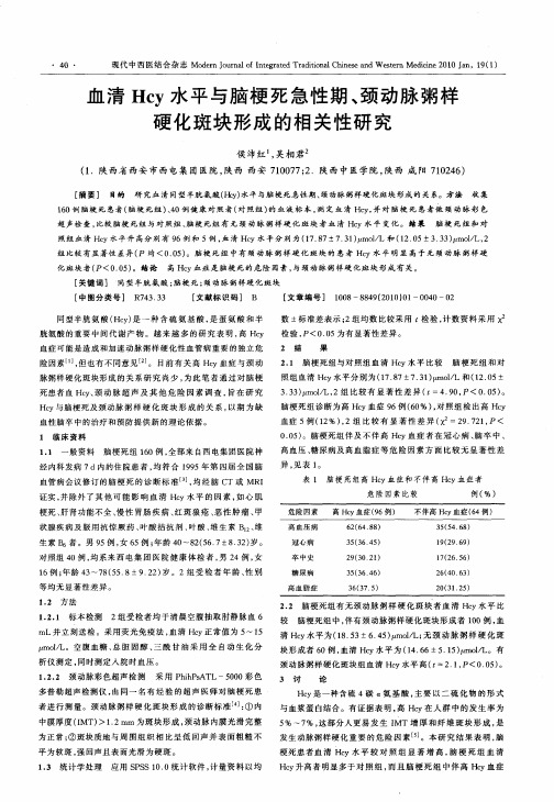 血清Hcy水平与脑梗死急性期、颈动脉粥样硬化斑块形成的相关性研究