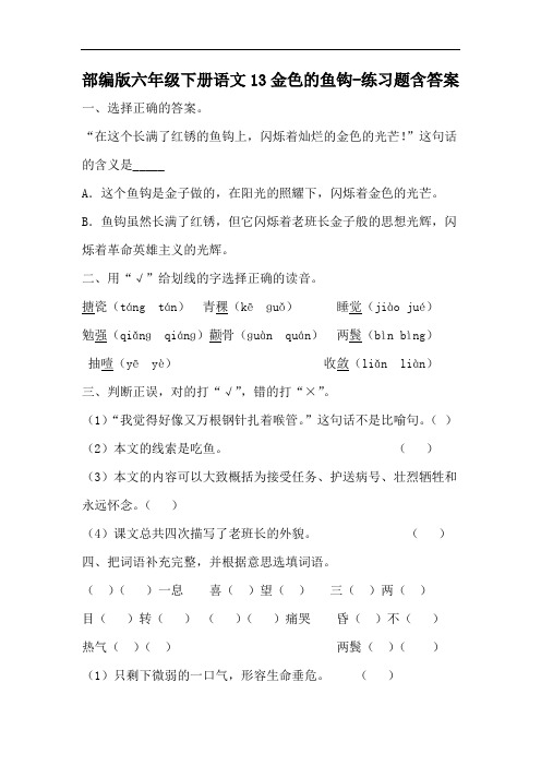 部编版六年级下册语文13金色的鱼钩-练习题含答案-百度文库