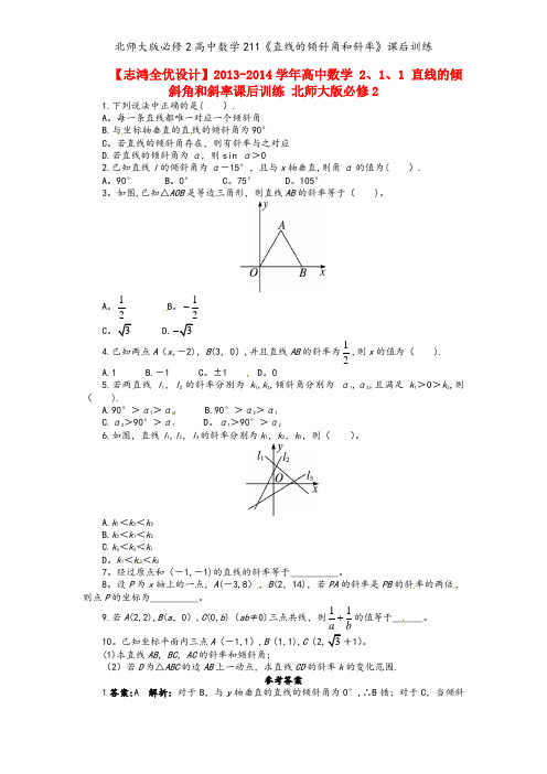 北师大版必修2高中数学211《直线的倾斜角和斜率》课后训练