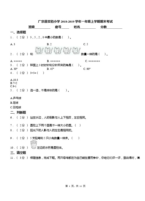 广宗县实验小学2018-2019学年一年级上学期期末考试