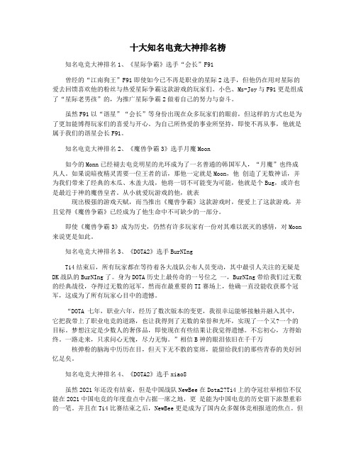 十大知名电竞大神排名榜