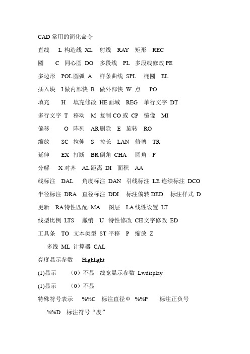 cad常用的简化命令
