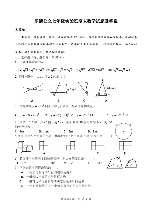 初一实验班期末数学试卷