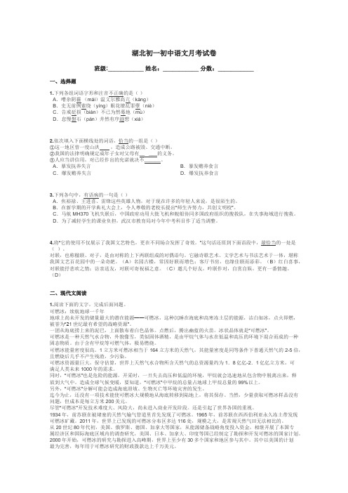 湖北初一初中语文月考试卷带答案解析
