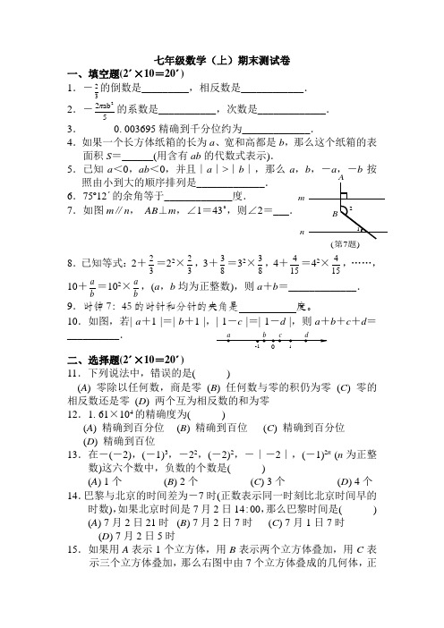 华师七年级上期末试题附答案2