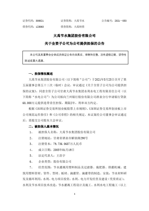 300021大禹节水：关于全资子公司为公司提供担保的公告