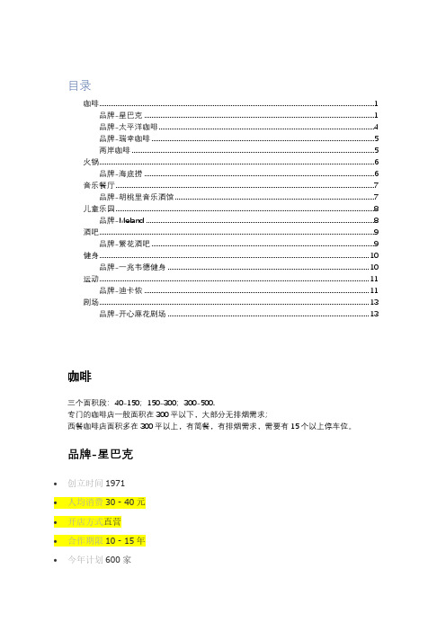商业业态需求条件汇总