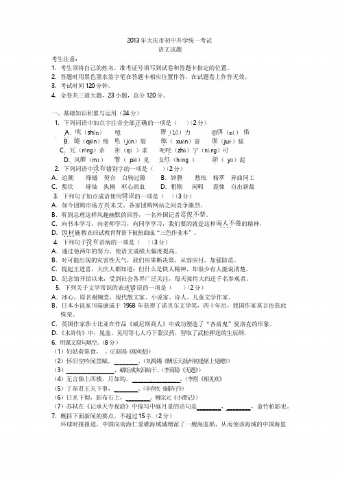 2013年黑龙江省大庆市中考语文试题及答案