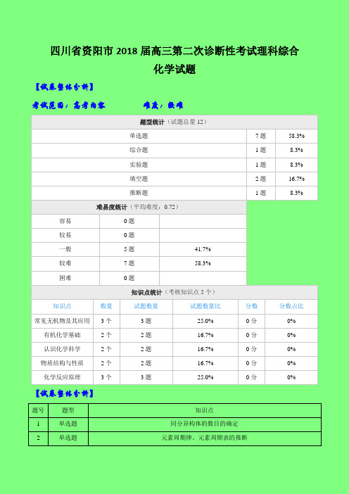 【四川(新课标Ⅲ)】四川省资阳市2018届高三第二次诊断性考试理科综合化学试题(附答案精品)