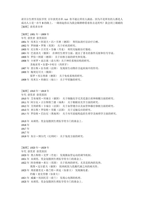 诺贝尔生理学及医学奖 百年获奖名单