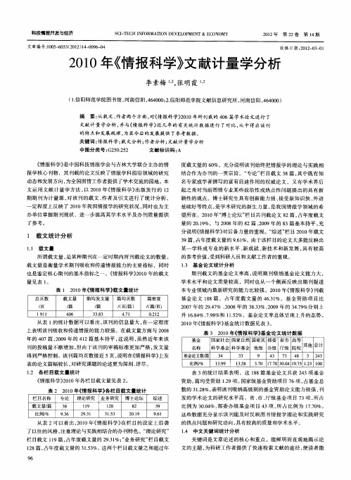 2010年《情报科学》文献计量学分析