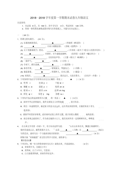 最新-江苏省南京市2018九年级语文上学期期末试卷新人教版精品(20200707202335)