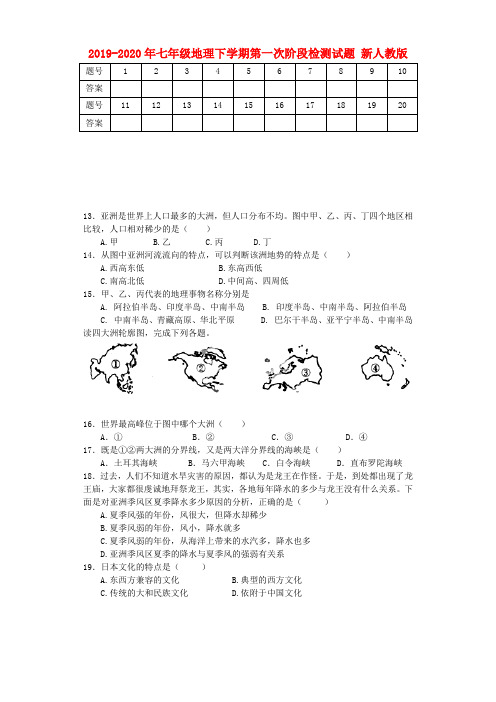 2019-2020年七年级地理下学期第一次阶段检测试题 新人教版