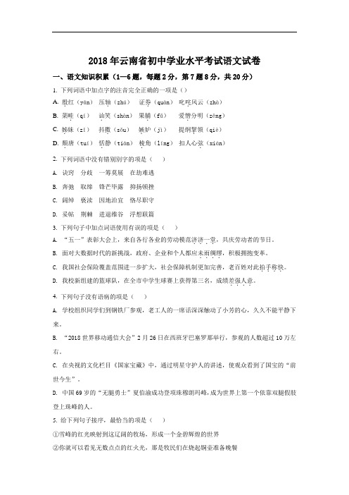 2018年云南省初中学业水平考试语文(word版,含答案)