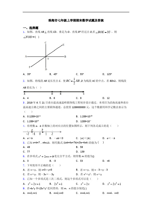 珠海市七年级上学期期末数学试题及答案
