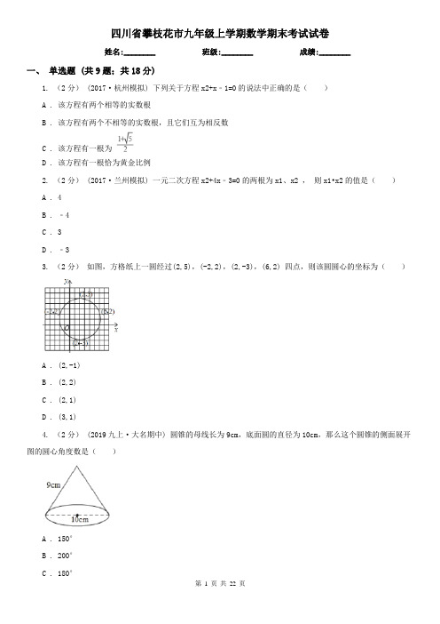四川省攀枝花市九年级上学期数学期末考试试卷