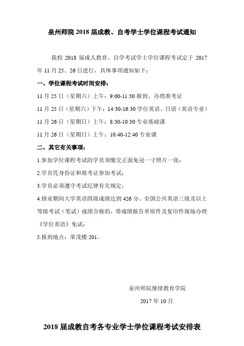 泉州师院2018届成教、自考学士学位课程考试通知