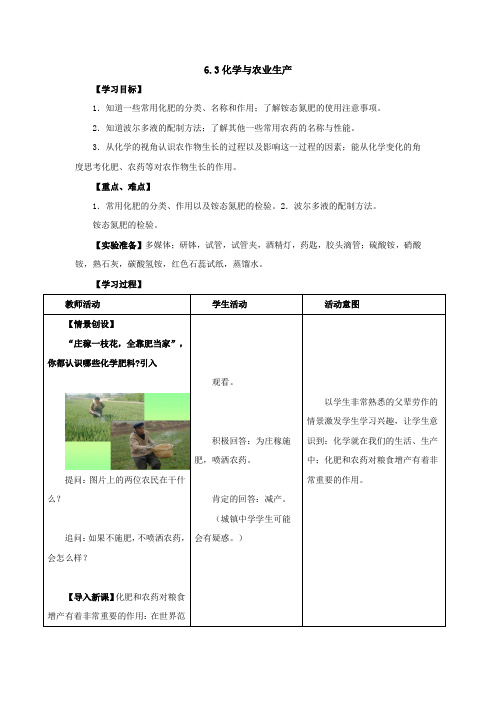 鲁教版化学九年级九年级6.3化学与农业生产教案