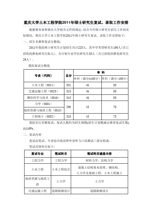 重庆大学土木工程学院2011年硕士研究生复试、录取工作安排