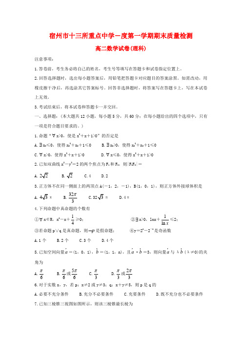 安徽省宿州市十三所省重点中学高二数学上学期期末考试试题 理.doc