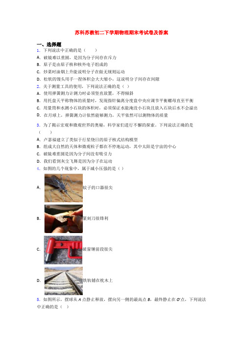 苏科苏教初二下学期物理期末考试卷及答案