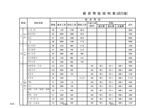 薪 资 等 级 结 构 表 试行版 