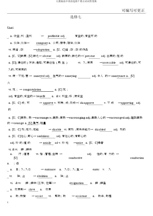 人教版高中英语选修7重点词词性转换