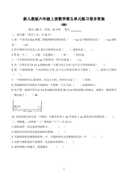 六年级上册数学第五单元练习卷含答案(5.圆)新人教版