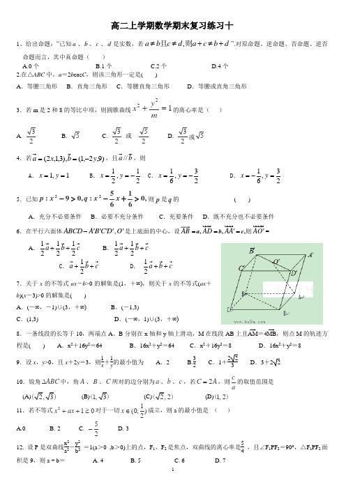 高二上学期数学期末复习练习10