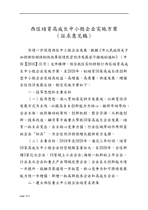 西区培育高成长中小微企业实施计划方案