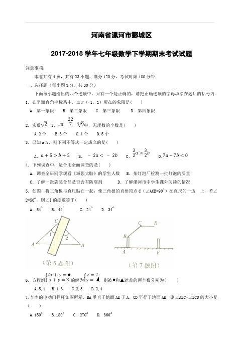 河南省漯河市郾城区2017_2018学年七年级数学下学期期末考试试题新人教版(附答案)