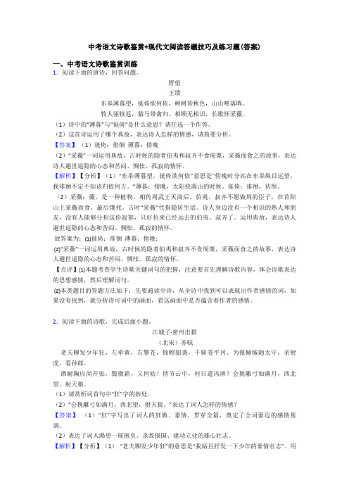 中考语文诗歌鉴赏+现代文阅读答题技巧及练习题(答案)