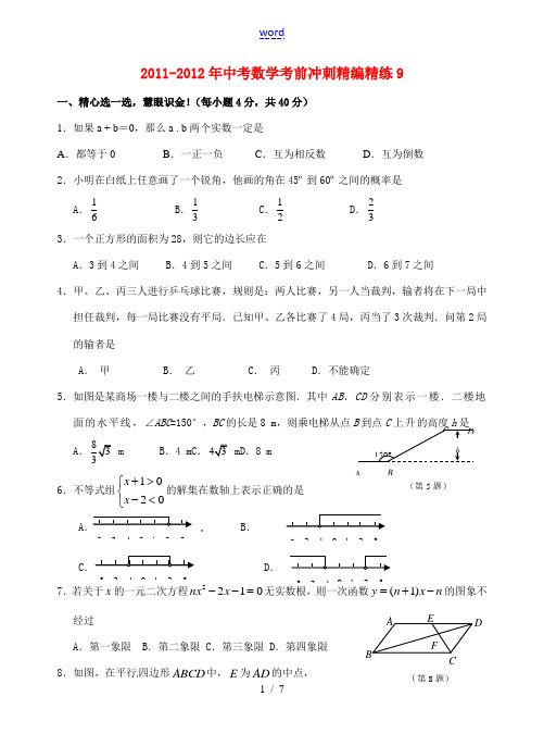 广东省徐闻县2011-2012年中考数学考前冲刺精编精练9