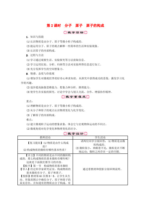 九年级化学上册第3章物质构成的奥秘3.1构成物质的基本微粒第2课时分子原子原子的构成教案沪教版word格式