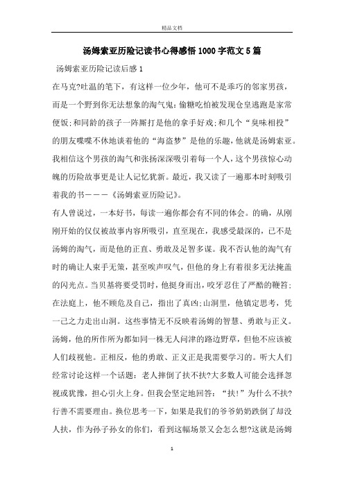 汤姆索亚历险记读书心得感悟1000字范文5篇