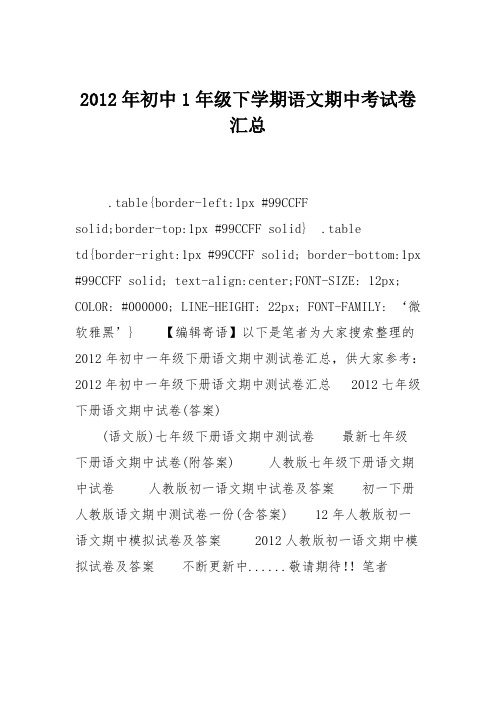 2012年初中1年级下学期语文期中考试卷汇总